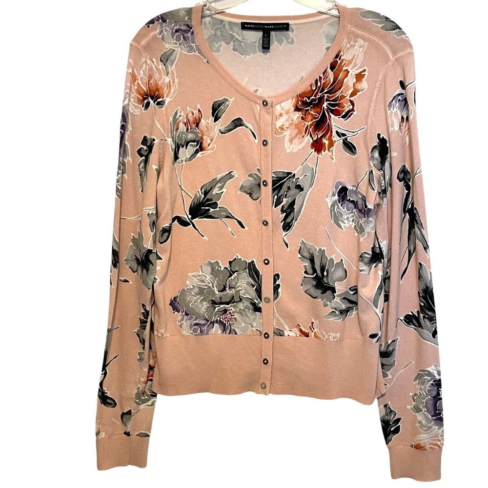 WHBM Snap Cardigan Womens Peach Floral V-Neck Lightweight Small Sweater